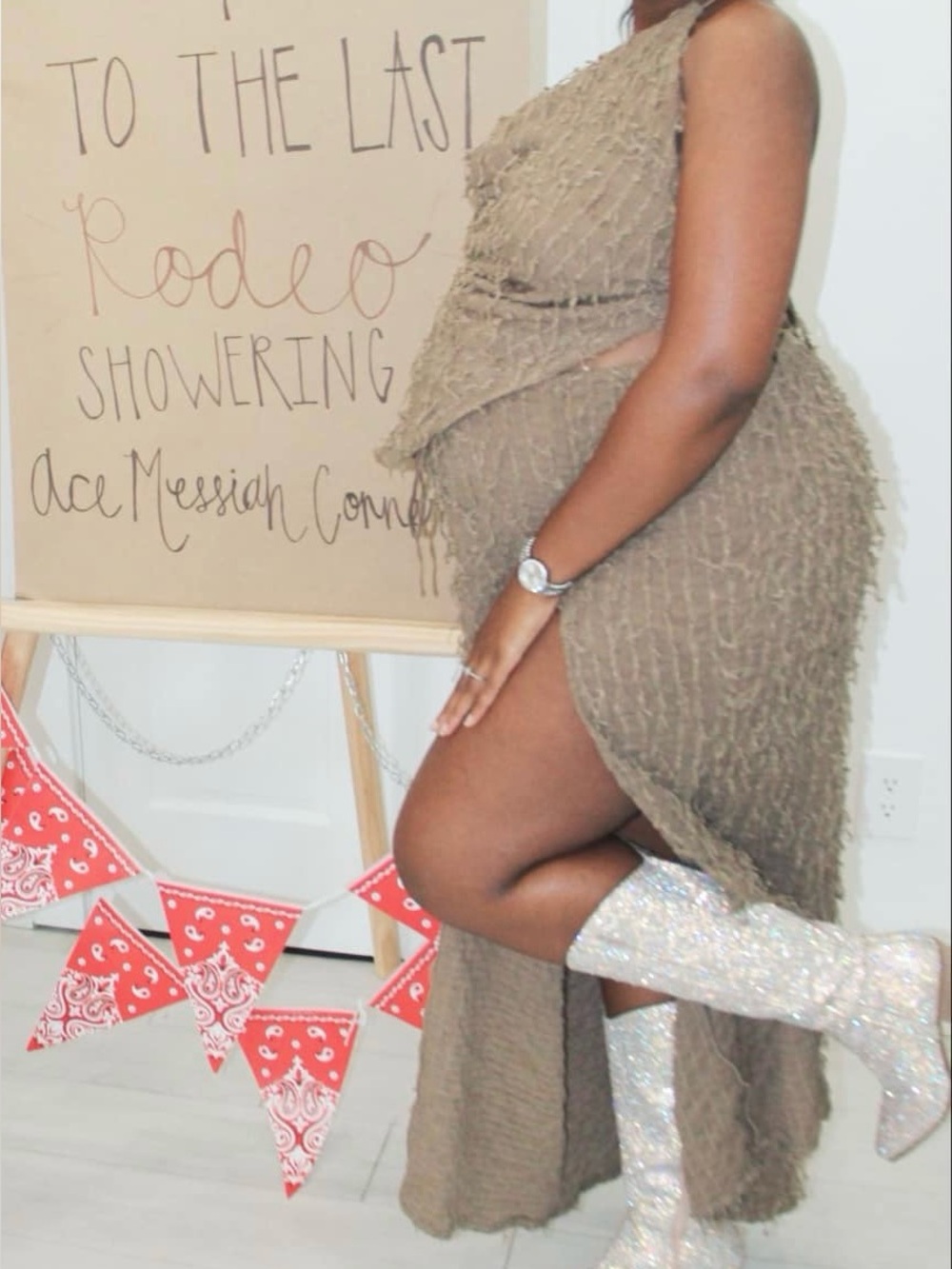 Textured Taupe One-Shoulder Maternity Dress